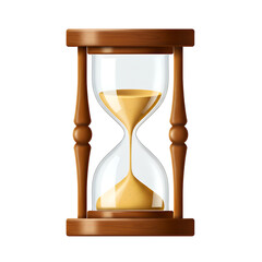 Detailed illustration of a classic wooden hourglass with golden sand against an isolated white and transparent background, concept for time management, deadline, and history projects