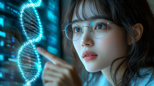 A young woman wearing glasses intently studies a glowing holographic DNA strand on a futuristic digital screen.