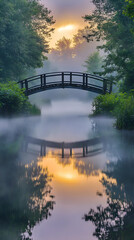 Fototapeta premium Bridging Life's Journey: A Tranquil Pathway Unveiling New Horizons Through Mist and Reflection