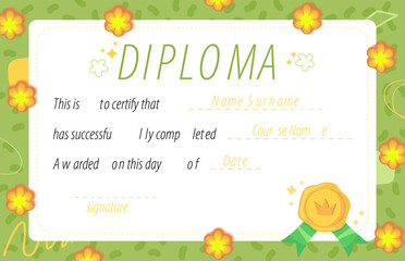 A green-themed kids diploma with a floral border and cheerful elements. A great choice for young learners. Stock vector illustration in cartoon style.