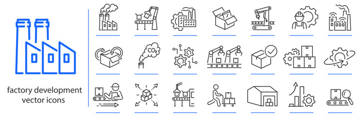factory development icons, industry building and production elements, icon set, modern industry simple symbols, linear vector illustration, outline editable stroke
