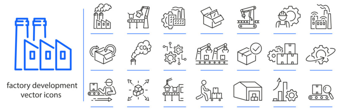 factory development icons, industry building and production elements, icon set, modern industry simple symbols, linear vector illustration, outline editable stroke