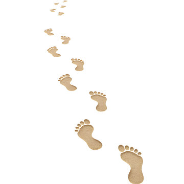 Series of beige footprints on isolated white and transparent background, concept for journey, travel, adventure, and pathfinding