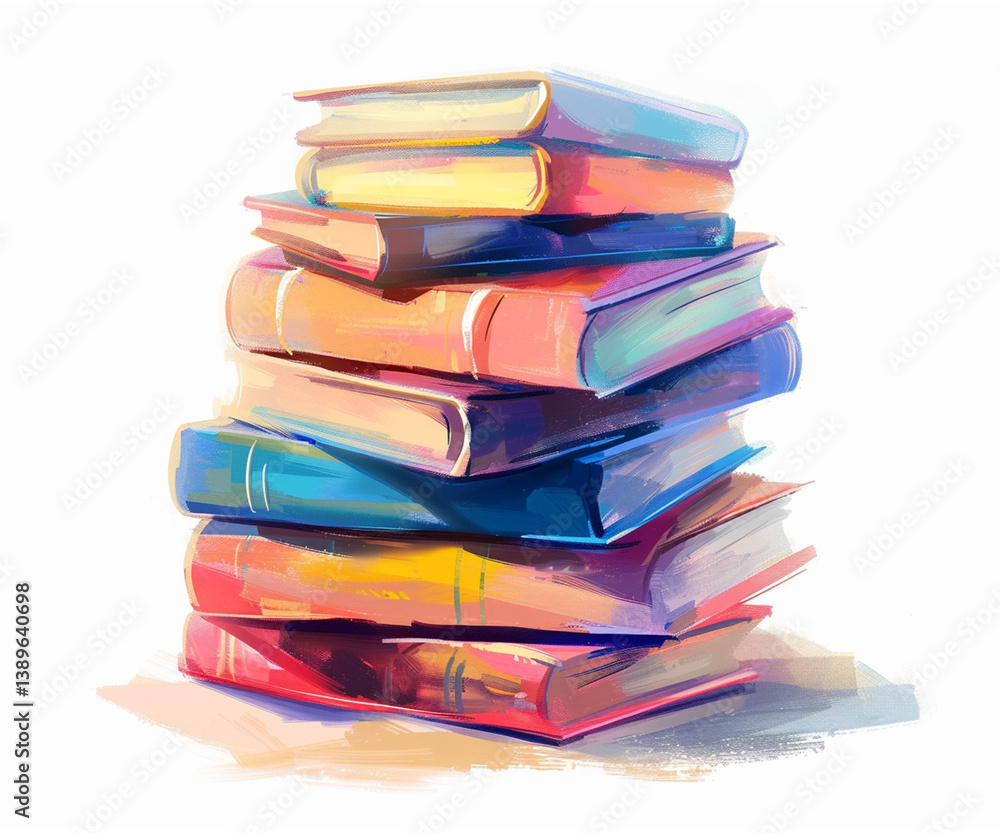 Fototapete Artistic illustration of a stack of colorful books painted in vibrant brushstroke style. Creative and expressive concept ideal for education, literature, and artistic design project