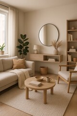 Cozy and Minimal Living Room Featuring Beige Tones and Natural Materials in a Bright Space