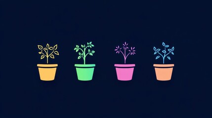 Stylized vector of microgreen assortment in pots, minimalist infographic-ready food icon