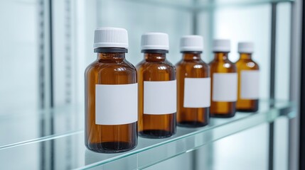 Amber bottles neatly arranged on shelf, showcasing clear labels