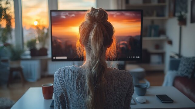 Remote worker typing on a wireless keyboard with a large monitor setup in a sunlit living room, casual outfit, coffee mug nearby, and minimalist tech accessories on a white desk 