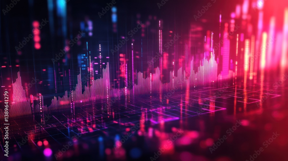 Poster futuristic financial data stream with glowing grid and rising graphs