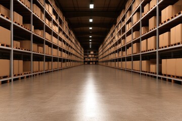 Long aisle in warehouse lined with shelves full of cardboard box