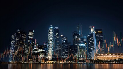 Naklejka premium Nighttime Cityscape of Singapore with Trading Graph Overlay