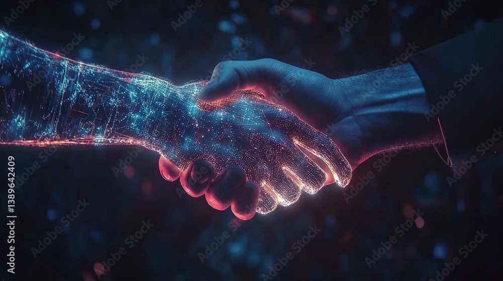 Poster futuristic double exposure handshake with blockchain and hologram elements