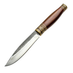 High-quality stainless steel knife with wooden handle and decorative brass accents isolated on transparent background, cutout png