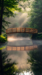 Fototapeta premium Bridging Life's Journey: A Tranquil Pathway Unveiling New Horizons Through Mist and Reflection