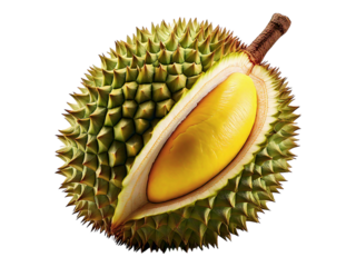 Studio shot of a partially opened durian fruit, showcasing its vibrant yellow flesh against the spiky green husk.