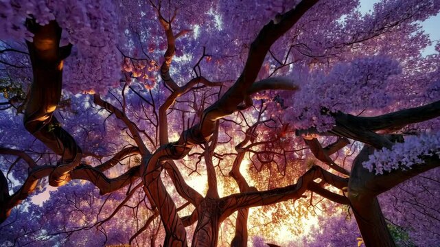 Looking up at bending branches of a purple jacaranda tree in blossom