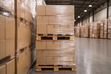 Stacks of neatly arranged boxes on wooden pallets inside spaciou
