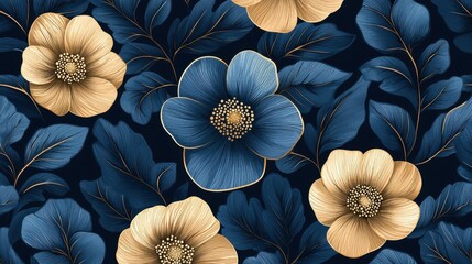 Elegant Floral Pattern with Blue and Gold Flowers on Dark Background for Stylish Design Projects