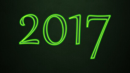 Neon glowing green number design of 2017 on dark background.