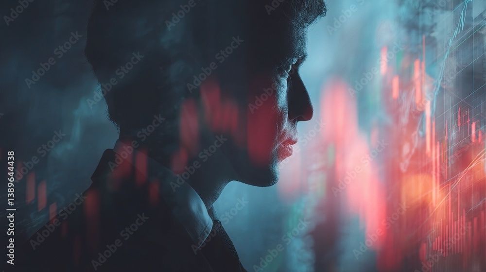 Poster double exposure of businessman analyzing digital data in profile view