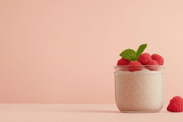 Delicate dessert in jar topped with fresh raspberries and mint l