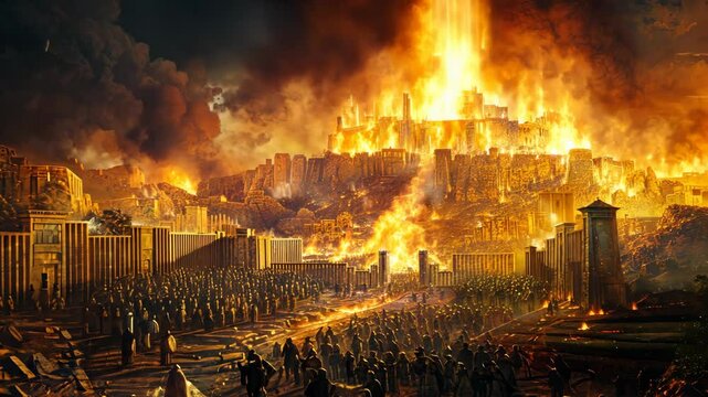 Lot and his wife flee Sodom, on which fire falls from the sky, Lot's wife looks back at the city and turns into a pillar of salt