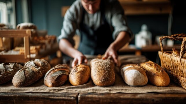 A baker presents a selection of freshly baked loaves of artisan bread, showcasing a variety of shapes and crusts on a rustic wooden table. - Powered by Adobe