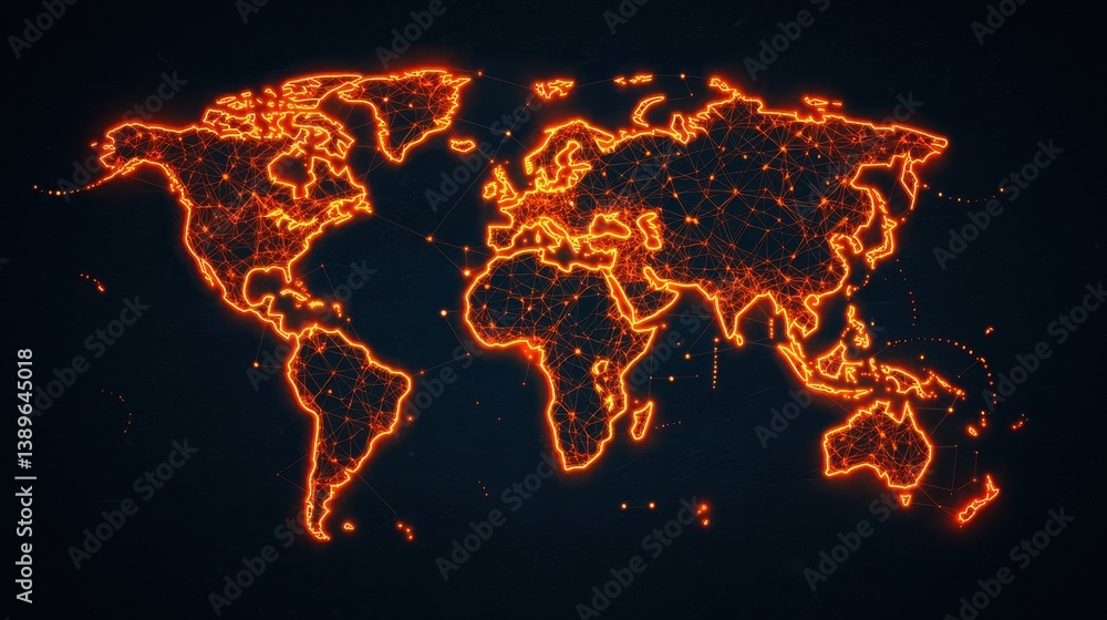 Poster global network connection visualization with bright orange lines on dark background representing dig