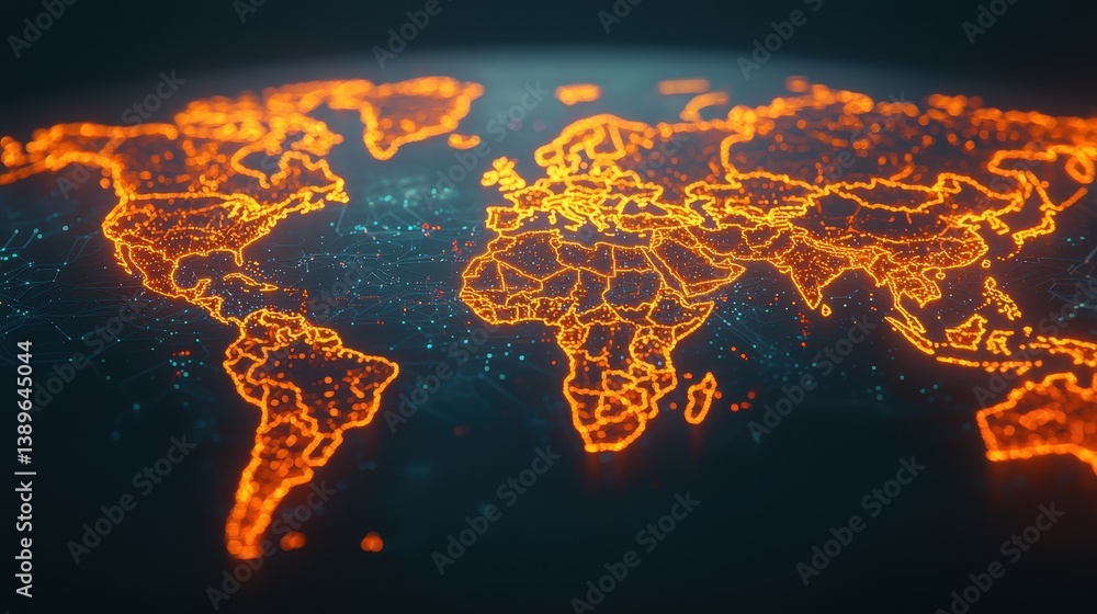 Aufkleber detailed world map visualization with neon orange lines and digital elements on dark background