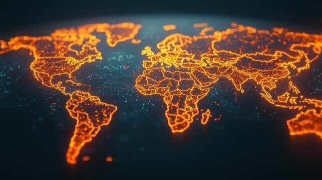 Fototapeta Detailed World Map Visualization with Neon Orange Lines and Digital Elements on Dark Background