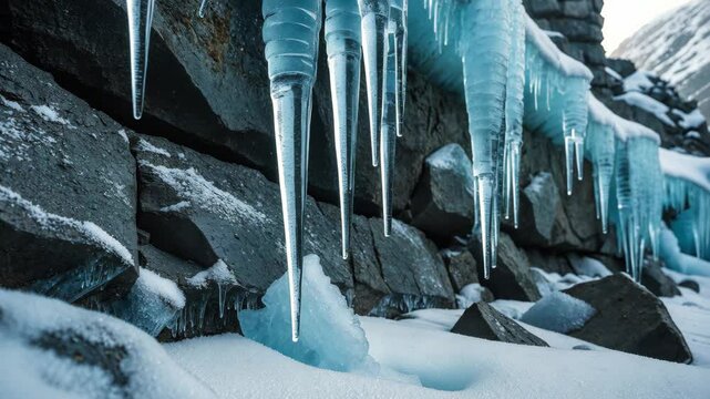 frozen stone wall with large icicles of ice on a mountain. Concept_ frost, temperature, sub-zero mountain, snowfall, climatology.