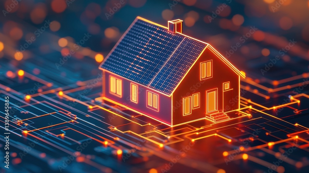 Poster modern smart home concept with solar panels and digital technology integration on circuit board back