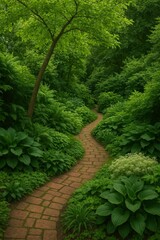Obraz premium Pathway Winding Through Lush Green Foliage in a Serene Garden Setting During Daylight Hours
