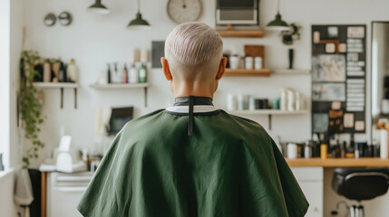 A person with a platinum blond buzz cut sits in a hair salon, viewed from the back, wearing a green salon cape.