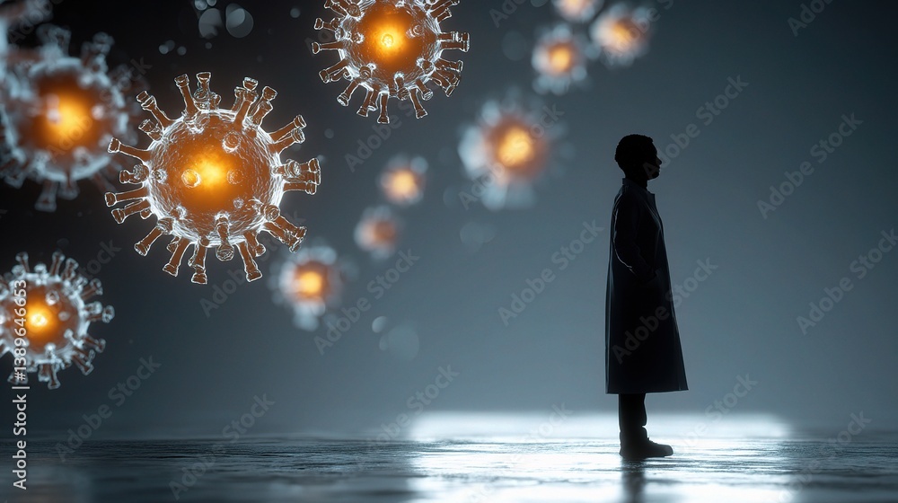 Poster silhouette of scientist merged with floating abstract elements