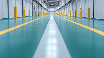 Modern warehouse interior featuring clean lines, bright colors, and spacious layout for logistics and storage needs