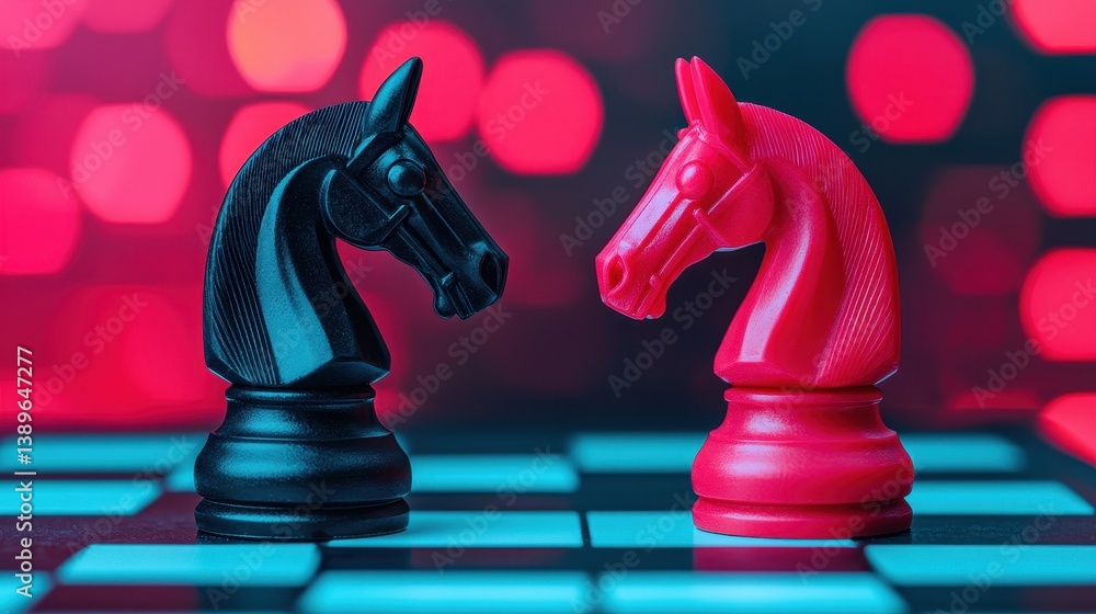 Poster intense chess battle between black and red knights on a stylish game board with vibrant bokeh backgr
