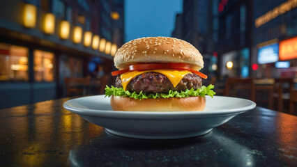 burger against the backdrop of a night street
