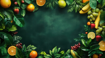 Lush tropical fruit arrangement with vibrant leaves on a dark green textured background space for text