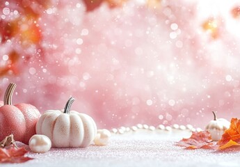 A blush pink background with delicate glitter and pearls, an autumn theme with small pumpkins and leaves