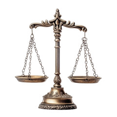Antique brass scales of justice symbolizing fairness and law isolated on transparent background, cutout png