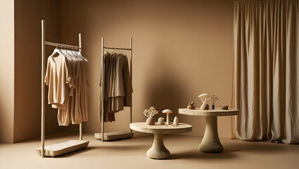 Modern circular economy boutique interior with sustainable furnishings, green wall accents, and dynamic natural light for eco inspired design