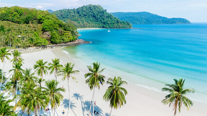 Koh Kood Island in Thailand features a stunning sandy beach lined with palm trees. The turquoise...