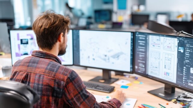 Architect working on designs with multiple computer monitors. He wears a flannel shirt in a modern office, creating house plans.