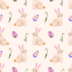 Easter bunny seamless pattern. Cute background with rabbit, snowdrop and eggs. Elegant vector texture for textile design, wrapping paper, wallpaper, poster
