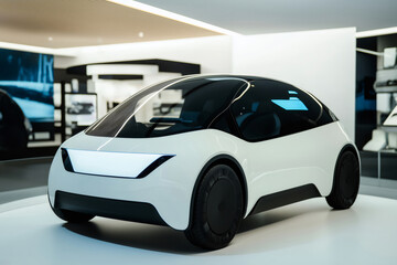 White electric car with black wheels standing on rotating platform in modern car dealership showroom