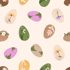 Easter egg seamless pattern. Trendy rustic handcrafted eggs with botanical elements. Minimalistic and elegant vector texture for textile design, wrapping paper, poster, background