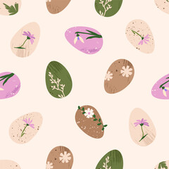Easter egg seamless pattern. Trendy eco handcrafted eggs with botanical elements. Elegant vector texture for textile design, wrapping paper, poster, background