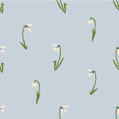 Simple seamless pattern with snowdrop on pastel background. Easter and spring concept. Elegant hand drawn vector illustration for covers, cases, stationery; wallpaper, prints, wrapping, textile