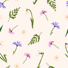 Simple seamless pattern with spring wildflowers. Elegant hand drawn vector repeated texture with tiny decorative leaves, snowdrops for covers, stationery, wallpaper, wrapping, textile